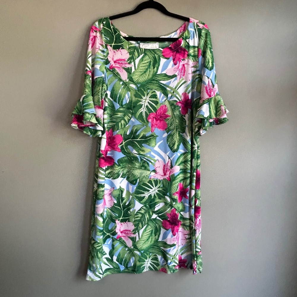 Pappagallo Womens Tropical Floral Ruffle Sleeve Shift‎ Dress Pink Green Small
